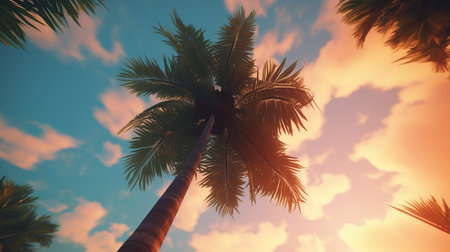Coconut palm tree on sunset sky background. Vintage tonedの素材