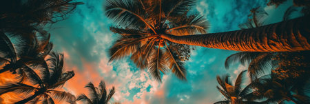 Coconut palm trees against blue sky with clouds, panoramaの素材