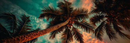 Palm trees against blue sky at sunset. Panoramic viewの素材