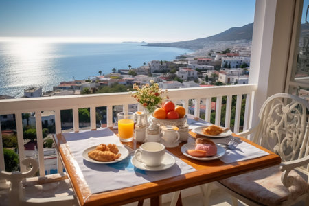 Breakfast on the terrace of a luxury house with sea viewの素材