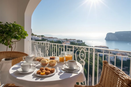 Breakfast with coffee, croissants and orange juice on the terrace overlooking the seaの素材