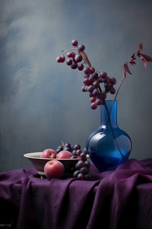 Still life with grapes, plums and a blue vase.の素材