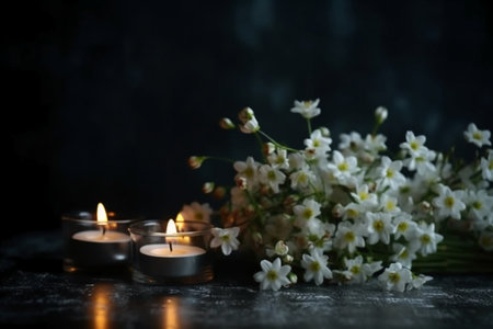 Burning candles and white flowers on dark background, space for textの素材