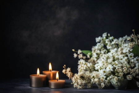Bouquet of white flowers and burning candles on a dark backgroundの素材