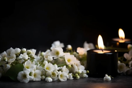 Beautiful white jasmine flowers and burning candles on dark backgroundの素材