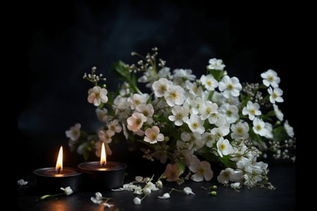 Burning candles with white flowers on a black background. Space for text.の素材
