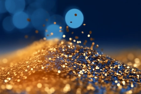 Golden glitter on a blue background. 3d rendering, 3d illustration.の素材