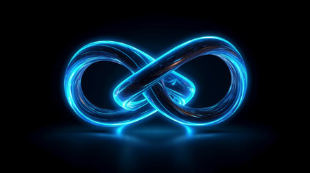 Glowing blue infinity symbol on dark background. Computer generated 3D photo renderingの素材