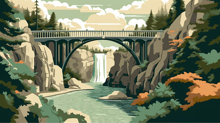 Bridge over the river in the forest. Vector illustration in retro styleの素材