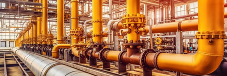 Pipes and valves at a power plant. Panoramic view.の素材
