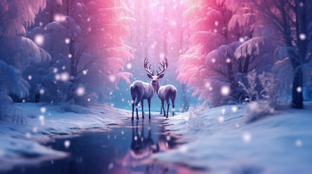 Deer in winter forest. 3d render. Christmas card.の素材