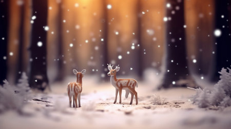 Deer in the winter forest. 3d rendering, snowfallの素材