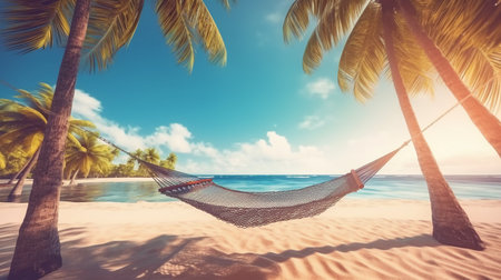 Hammock on the beach with palm trees. 3d renderの素材