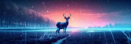 Deer in the forest at night. 3D Rendering.の素材