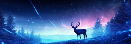 Fantasy landscape with a deer in the night forest and stars.の素材