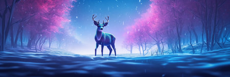 Deer in the forest at night. 3D illustration. Banner.の素材