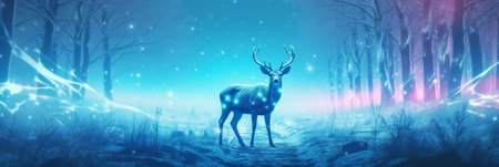 Deer in the forest. 3d illustration. Blue background.の素材