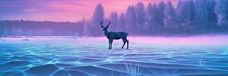 Silhouette of a deer with antlers on a frozen lake at sunrise.の素材