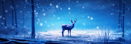 Deer in the forest at night with snowfall. 3D renderingの素材