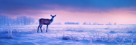 Winter landscape with a deer in the snow. Panoramic bannerの素材