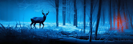 Silhouette of a deer in the middle of a snowy forestの素材