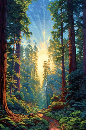 Digital painting of Redwood Forest in California, United States of Americaの素材