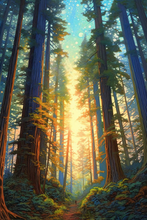 Digital Painting of a Redwood Forest with Sunburst in the Foregroundの素材