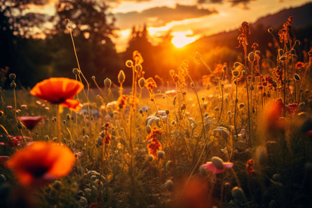 Poppy flowers in the meadow at sunset. Beautiful summer landscape.の素材