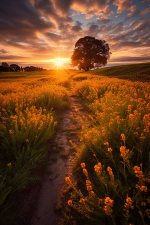 Sunset over a field of yellow flowers with a tree in the backgroundの素材