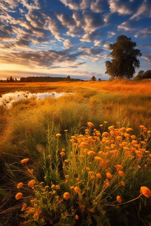 Sunset over a meadow with yellow flowers and trees in the backgroundの素材