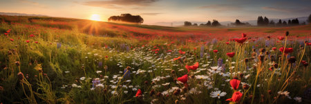 Beautiful panoramic landscape with poppies field at sunsetの素材