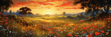 Beautiful summer landscape with poppy field and trees. Digital painting.の素材