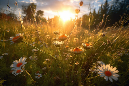 Beautiful daisies on a meadow at sunset in summerの素材