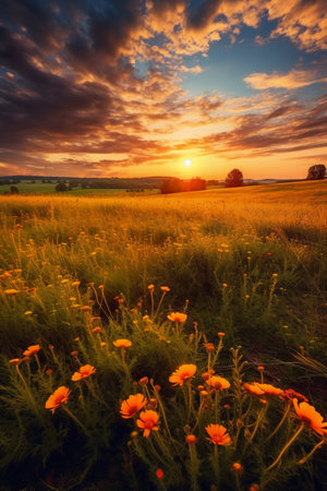Sunset over a meadow with wildflowers in summer.の素材