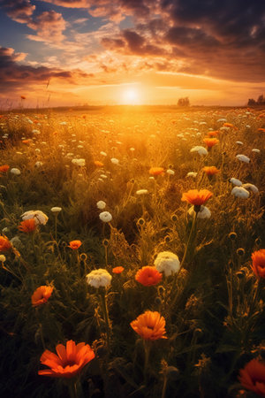 Sunset over a meadow with poppies and daisiesの素材