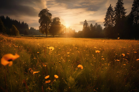 Sunset in the meadow with dandelions and pine treesの素材
