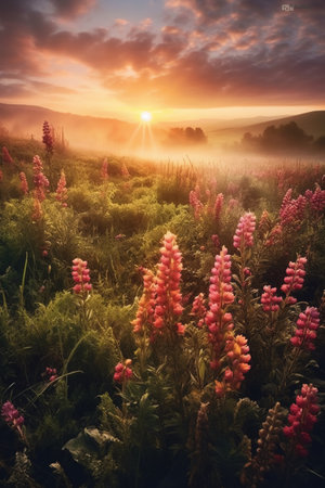 Beautiful summer landscape with pink lupine flowers at sunrise.の素材