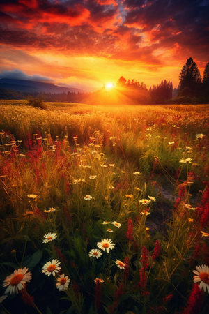 Beautiful sunset over the meadow with wildflowers. Nature composition.の素材