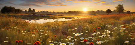 Sunset over a meadow with poppies and daisiesの素材