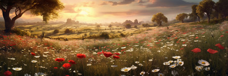 Digital composite of Digital composite image of poppies field in countrysideの素材