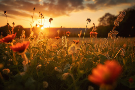 Sunset on the meadow with poppies. Nature composition.