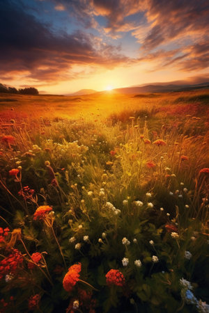 Beautiful sunset over the meadow with wildflowers in summerの素材