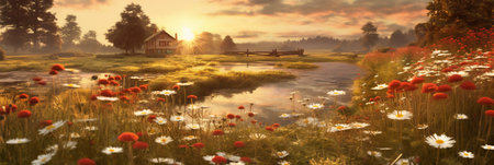 Beautiful panoramic landscape with red poppies and old house at sunriseの素材