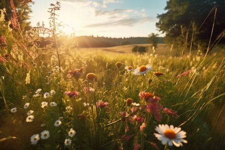 Wildflowers in the meadow at sunset. Beautiful summer landscape.の素材