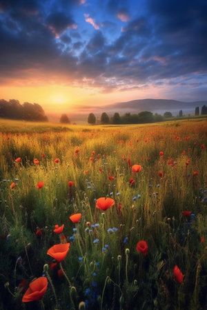 Beautiful landscape with poppies in the meadow at sunriseの素材