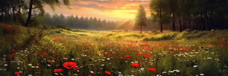 Panoramic landscape with poppies in the field at sunriseの素材
