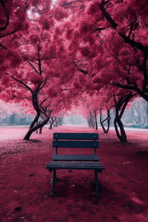 Park bench in a foggy day, with trees in the backgroundの素材
