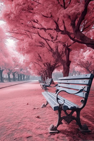 Park bench in the middle of the park with beautiful red trees.の素材