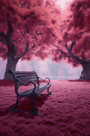 Lonely bench in the misty autumn forest, 3d renderの素材