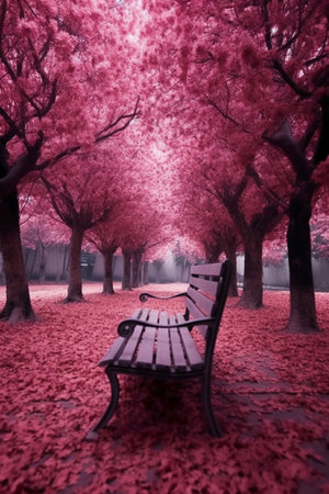 Park bench in a foggy day with red leaves on the groundの素材